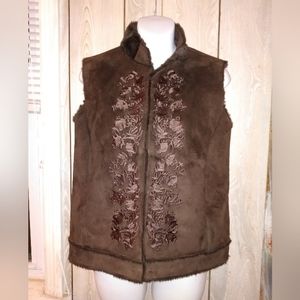 Essentials by Milano brown, suede vest with floral embroidery